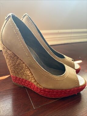 Beige and Red Espadrille Wedge Peep-Toe Heels 8-1/2